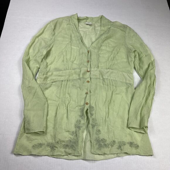 J.Jill Embroidered Button Down Shirt Green Sheer Boho Y2K Long Sleeve Top SMALL - Picture 1 of 11